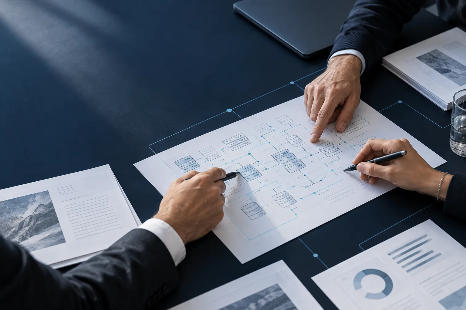 Illustration of consultants discussing an infrastructure assessment.