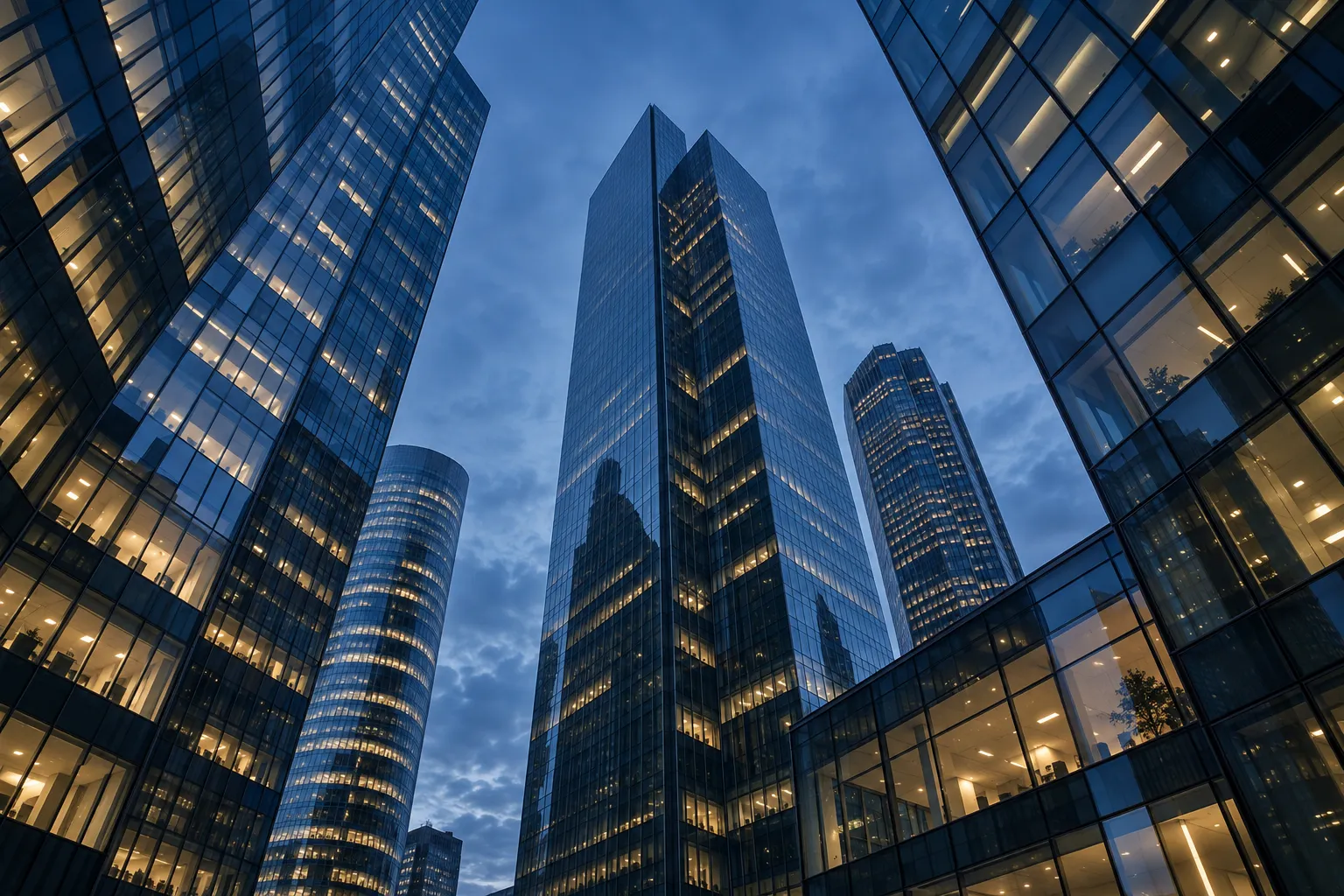 Glass towers in a financial district at blue hour.