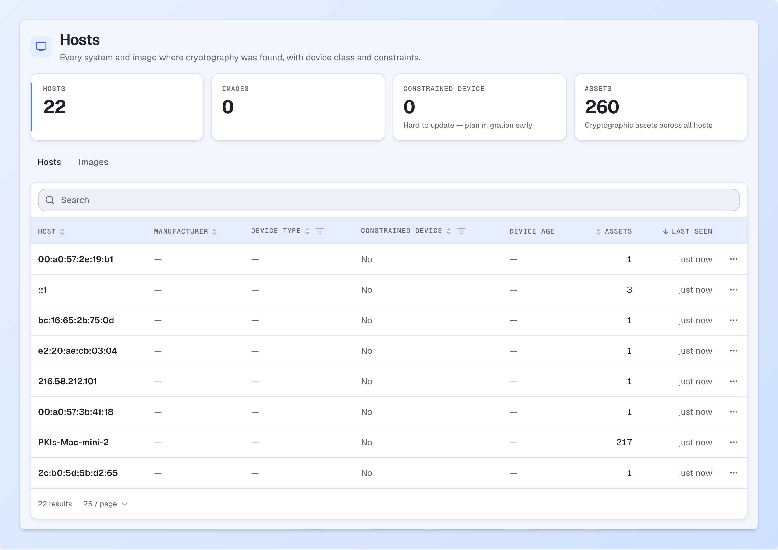 The Cryptoramic host inventory with columns for manufacturer, device type, constrained device and device age next to the asset count per host.